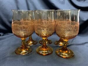 Vintage Libbey Americana Amber Wine Goblets Embossed Floral Set of 6